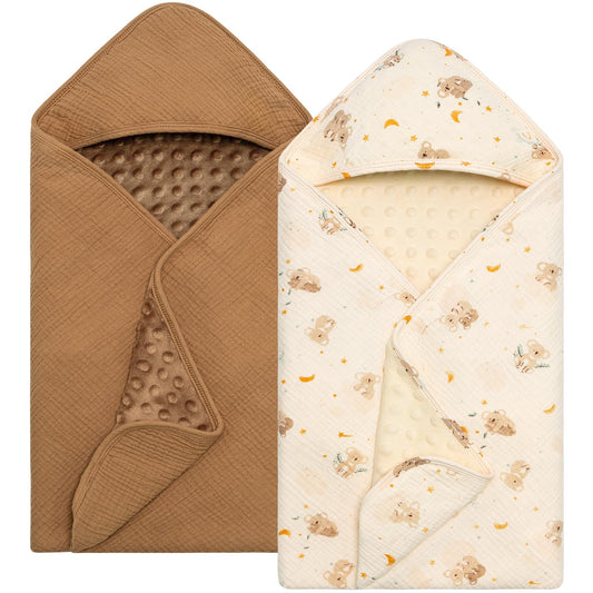 Baby Bath Towels for Newborn 100% Muslin Cotton and Minky Dot Fabric Neutral Hooded Baby Towels Set 2 Pack for Boys Girls Ultra Soft and Absorbent 30 x 30 Inch Green & Plant