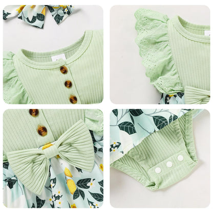 Sinhoon Baby Girl Clothes Newborn Ruffled Sleeveless Romper Floral Dreesy Bodysuit Heaedband 3pcs Baby Girl Summer Clothes