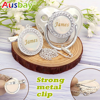 Personalized Pacifier Set with Name, BPA Free, Bling Gold Silver Pink Rose Gold Luxurious Ideal Gift for Newborns (Gold)