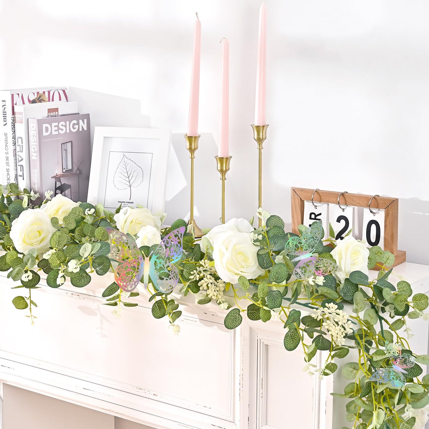 Yastouay 6.4 Ft Fuller Artificial Eucalyptus Garland with Champagne Flowers Fake Rose Vine for Table Centerpiece Wedding Baby Shower Party Room Backdrop Decor