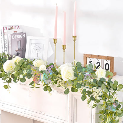 Yastouay 6.4 Ft Fuller Artificial Eucalyptus Garland with Champagne Flowers Fake Rose Vine for Table Centerpiece Wedding Baby Shower Party Room Backdrop Decor