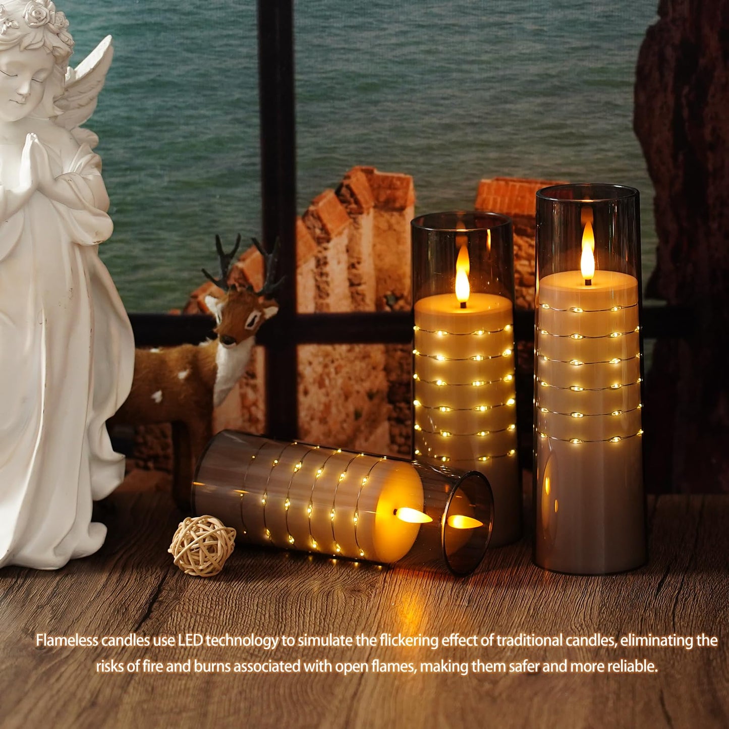Flameless Candles with Embedded Star String - Flow Flicker Battery LED Candles, Realistic Flame,White Set of 5 | Holiday Decoration, Wedding, Party Adding to The Family Atmosphere