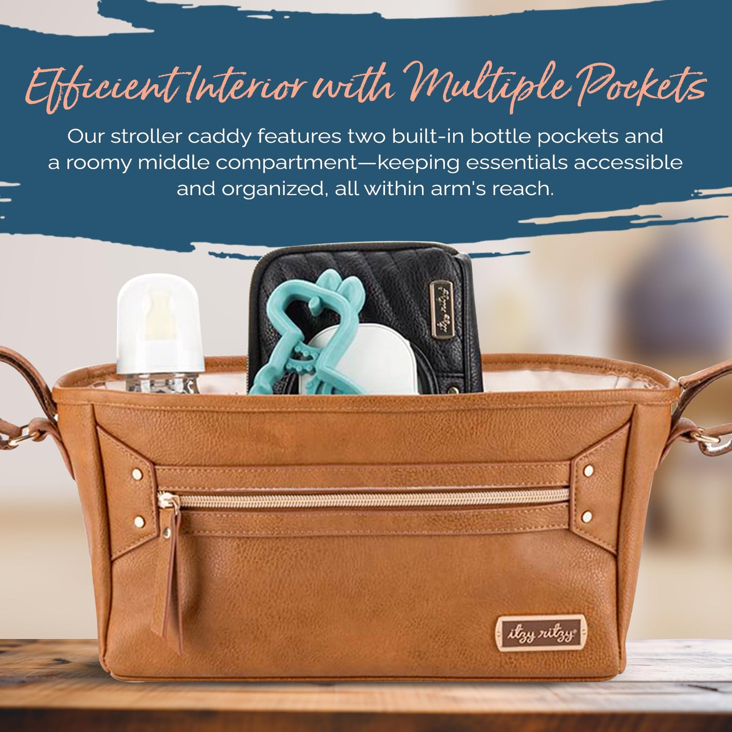 Itzy Ritzy Adjustable Stroller Caddy and Organizer Bag Featuring Front Zippered Pocket, 2 Built-in Interior Pockets & Adjustable Straps to Fit Nearly Any Stroller (Chai)