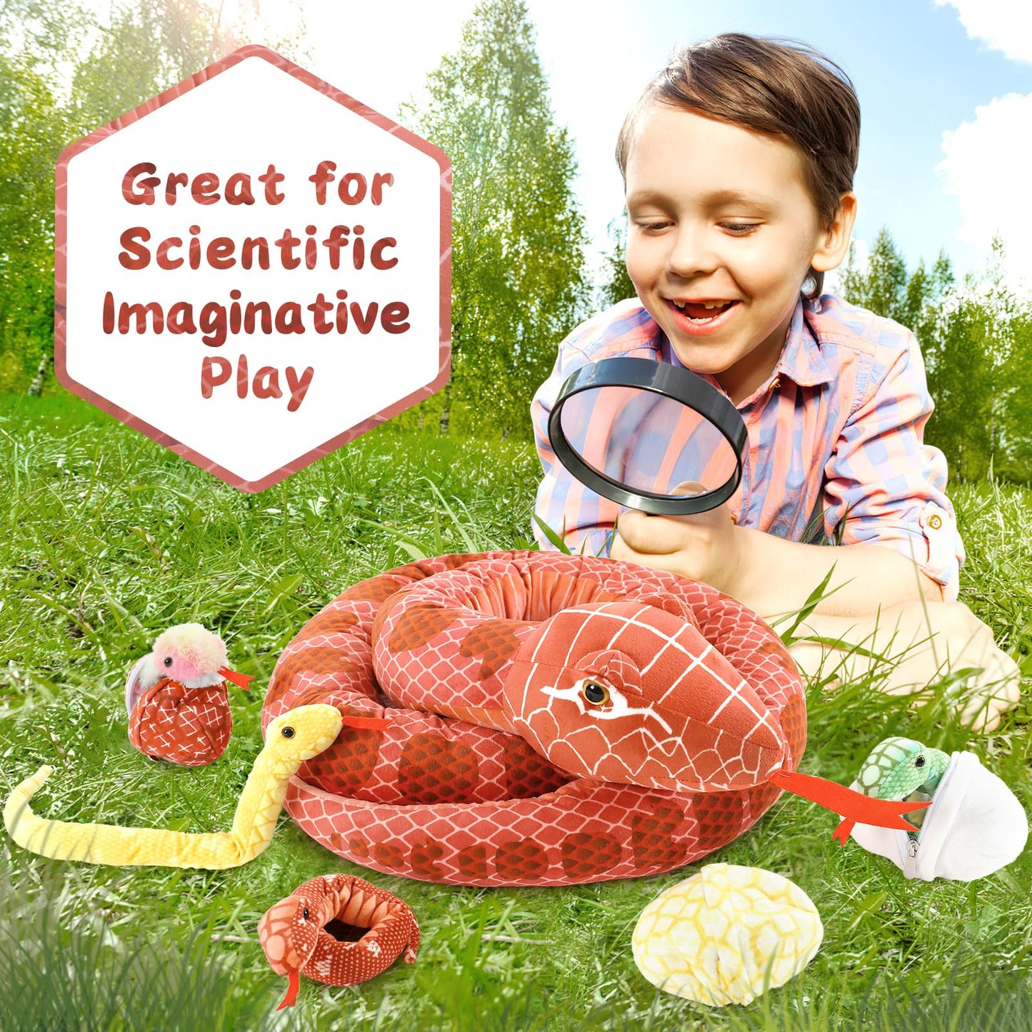 MorisMos Snake Stuffed Animals Plush Toy 120 Inch Giant Snake Plush with Babies Stuffed Snake Toys for Kids Plush Party Decorations Favors Prank Props, 4 Snake Babies, 3 Snake Eggs