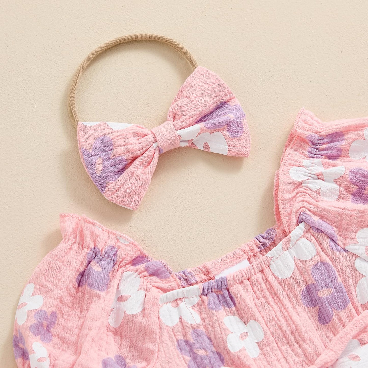 Baby Girls Daisy Romper Bowknot Bodysuit+Headband Short Sleeve Playsuits Floral Jumpsuit Infant Summer Clothes