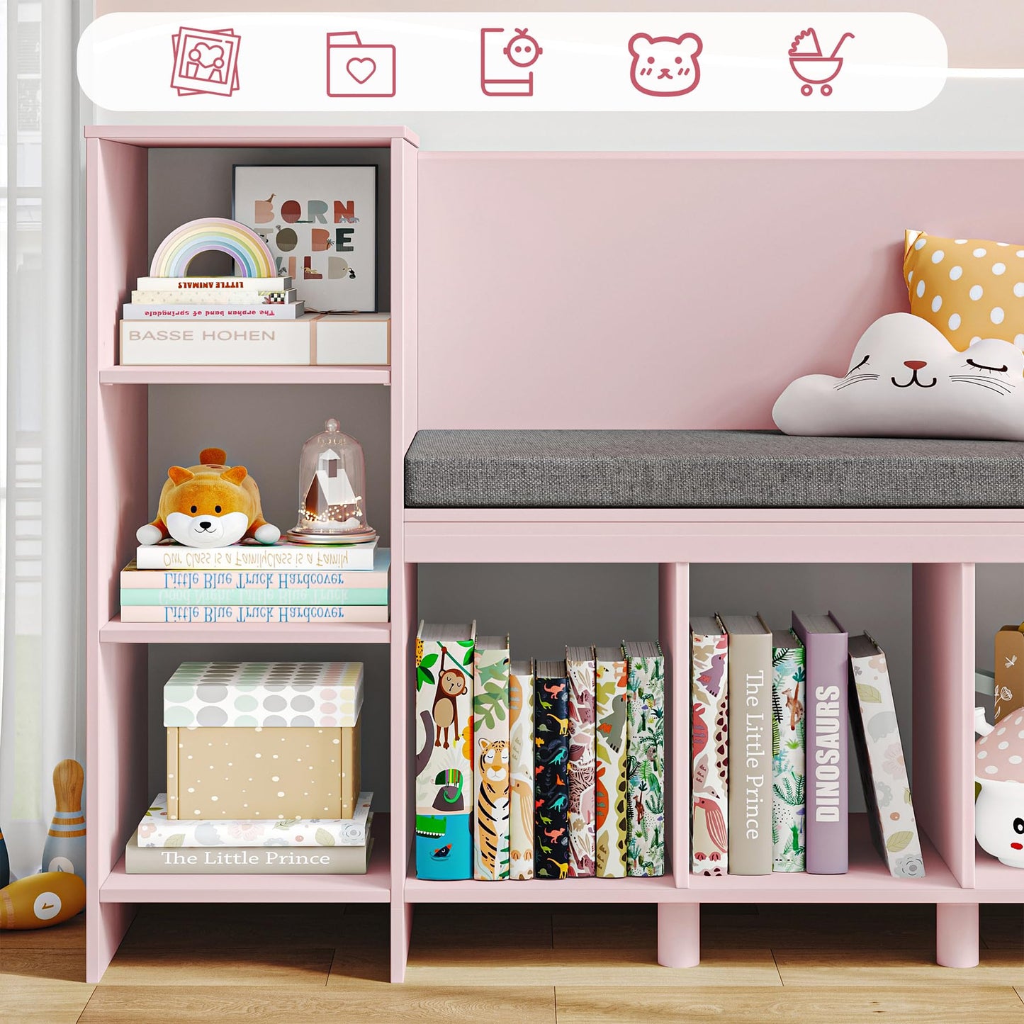HOSTACK 67" Kids Reading Nook with Bench, Kids Bookshelf and Bookcase with Seat Cushion and 6 Storage Cubbies, Toy Storage Box on Wheels, Toy Chest for Playroom, Bedroom, School, White