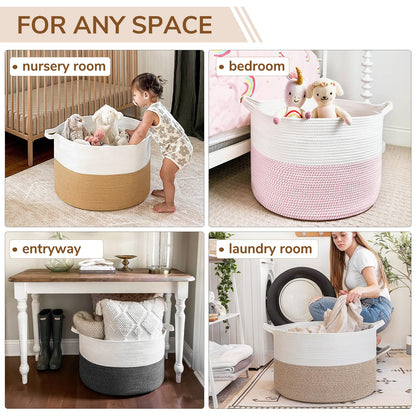 INDRESSME XXXLarge Cotton Rope Basket 21.7" x 21.7" x 13.8" Woven Baby Laundry Blanket Basket Toy Baskets with Handle Storage Comforter Cushions Thread Laundry Hamper