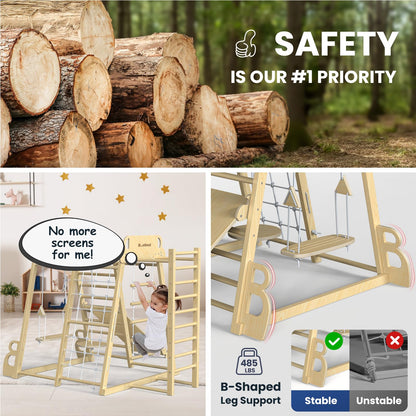 Upgraded Indoor Playground 9-in-1 Jungle Gym Kids Climbing Toys, Montessori Philosophy Waldorf Style Wooden Climber Playset with Slide, Swing, Monkey Bars, Upright/Rope Ladder, Climb Net, Rainbow