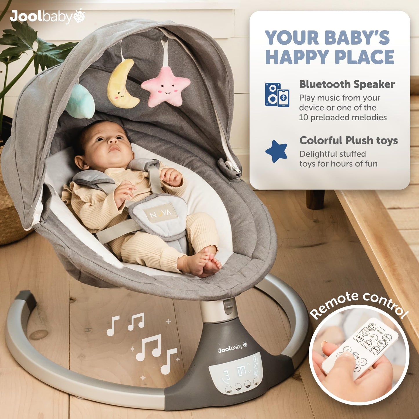 Jool Baby Nova Nature Baby Swing for Newborns – Natural Wood Toys, Electric Motorized Infant Swing, Bluetooth Music