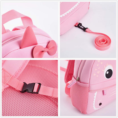 KK CRAFTS Preschool Toddler Backpack with Leash, 3D Cute Cartoon Neoprene Animal Schoolbag for Kids Boys Girls(Pink Dinosaur)
