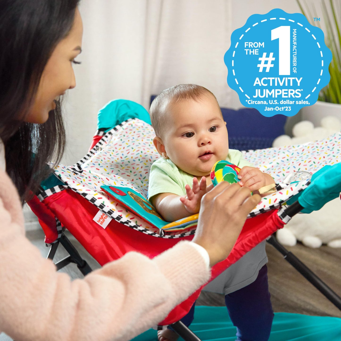 Bright Starts Pop 'N Jump Portable Activity Jumper, Indoor/Outdoor Use, Owl Forest with 4 Sensory Toys, Ages 6-12 Months