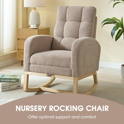 NIOIIKIT Modern Nursery Rocking Chair, Teddy Upholstered Rocking Chair with Footrest, Comfortable Glider Rocker with Side Pocket for Living Room, Bedroom, Nursing Room (Beige)