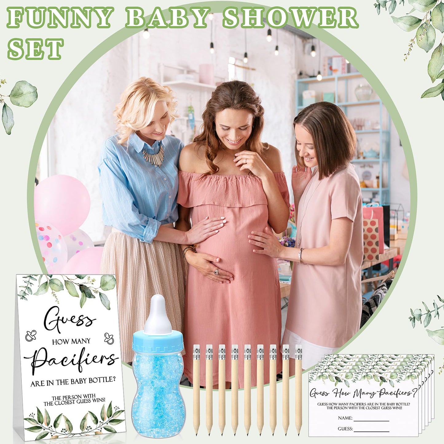 Roowest 512 Pcs Baby Shower Games Guess How Many Pacifiers Sign 100 Small Guessing Games 10 HB Pencils 750ml Milk Bottle 400 Acrylic Pacifiers Decoration for Guest Gender Reveal(Pink,Bear)