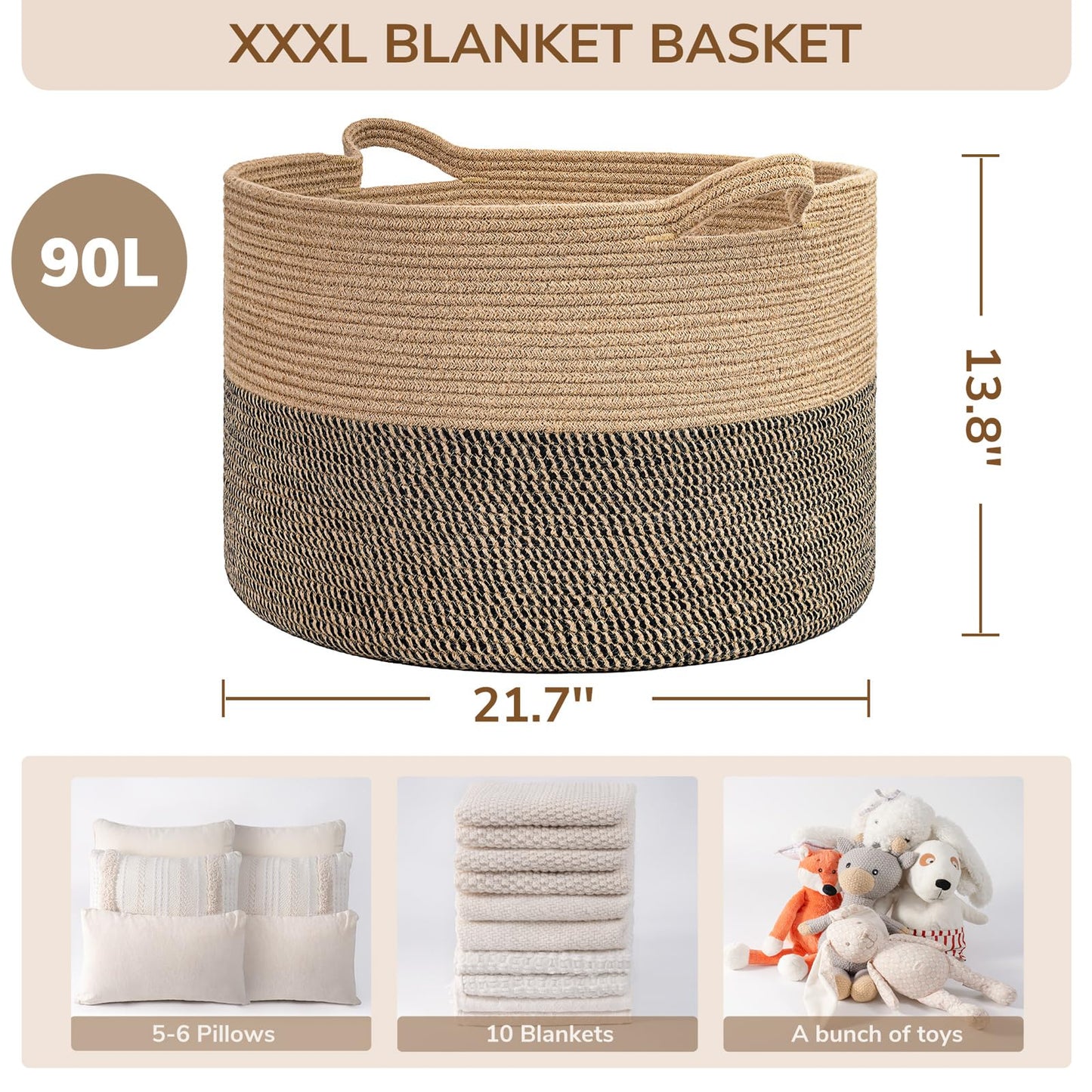 INDRESSME XXXLarge Cotton Rope Basket 21.7" x 21.7" x 13.8" Woven Baby Laundry Blanket Basket Toy Baskets with Handle Storage Comforter Cushions Thread Laundry Hamper