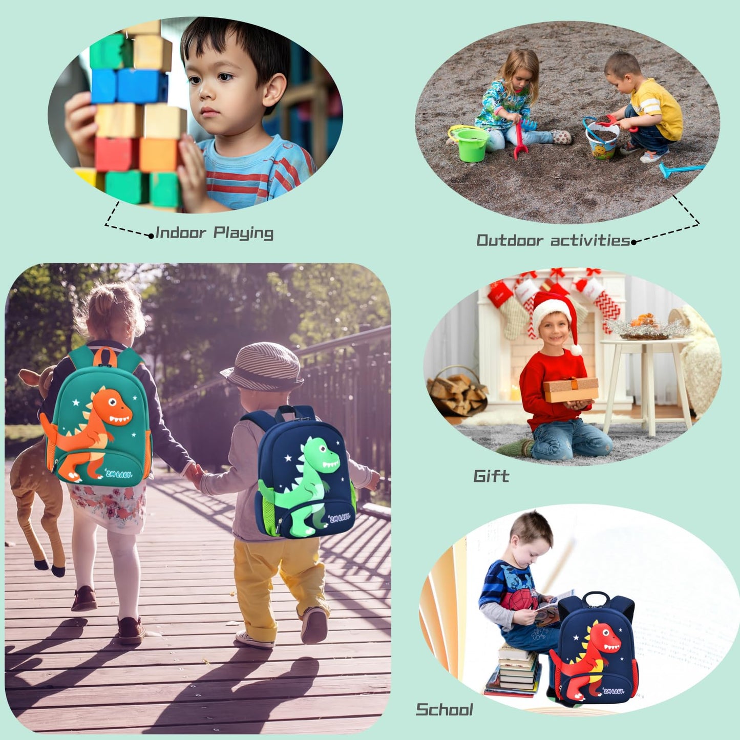 Dinosaur Anti-lost Backpack for Boys Kindergarten Preschool Bookbag with Chest Strap, Toddler Boys Backpack Daycare Bag, B-Green+Orange