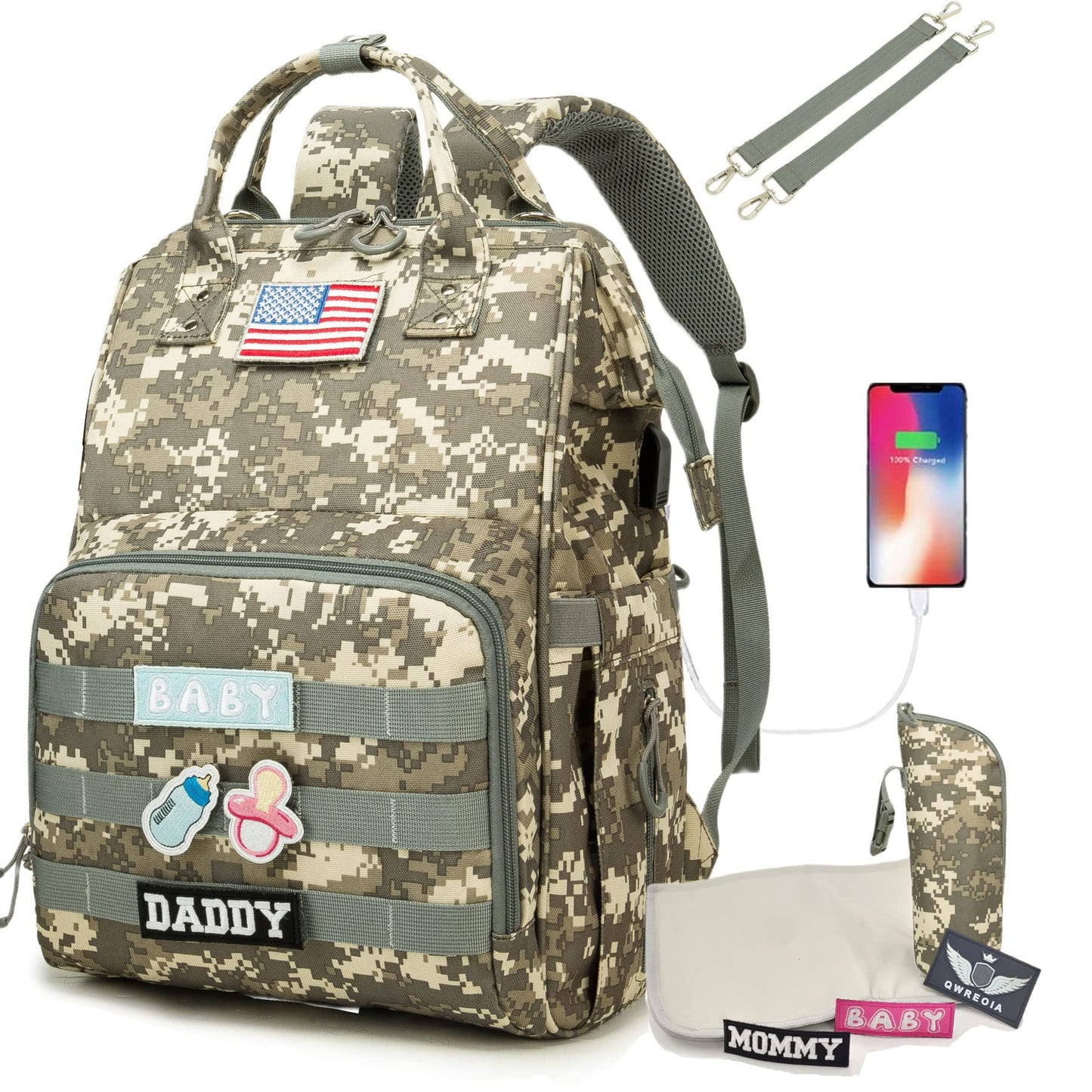 Diaper Bag Backpack for Dad and Mom with USB Charging Port Stroller Straps and Insulated Pocket,army military Travel Nappy Backpack for Daddy/Mommy (Black)