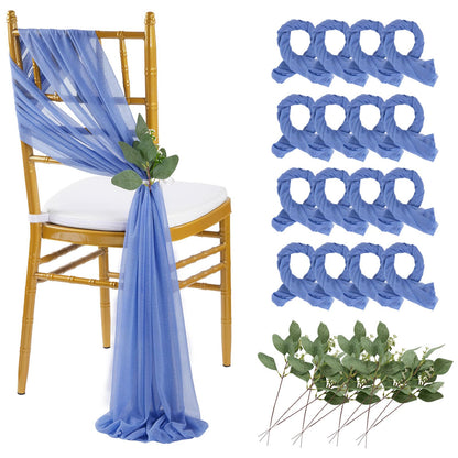 QueenDream Light Blue Sashes Chair Aisle Decorations: 24 Pack Baby Shower Chair Cover 8FT Long Tulle Draping Fabric Wedding Reception Church
