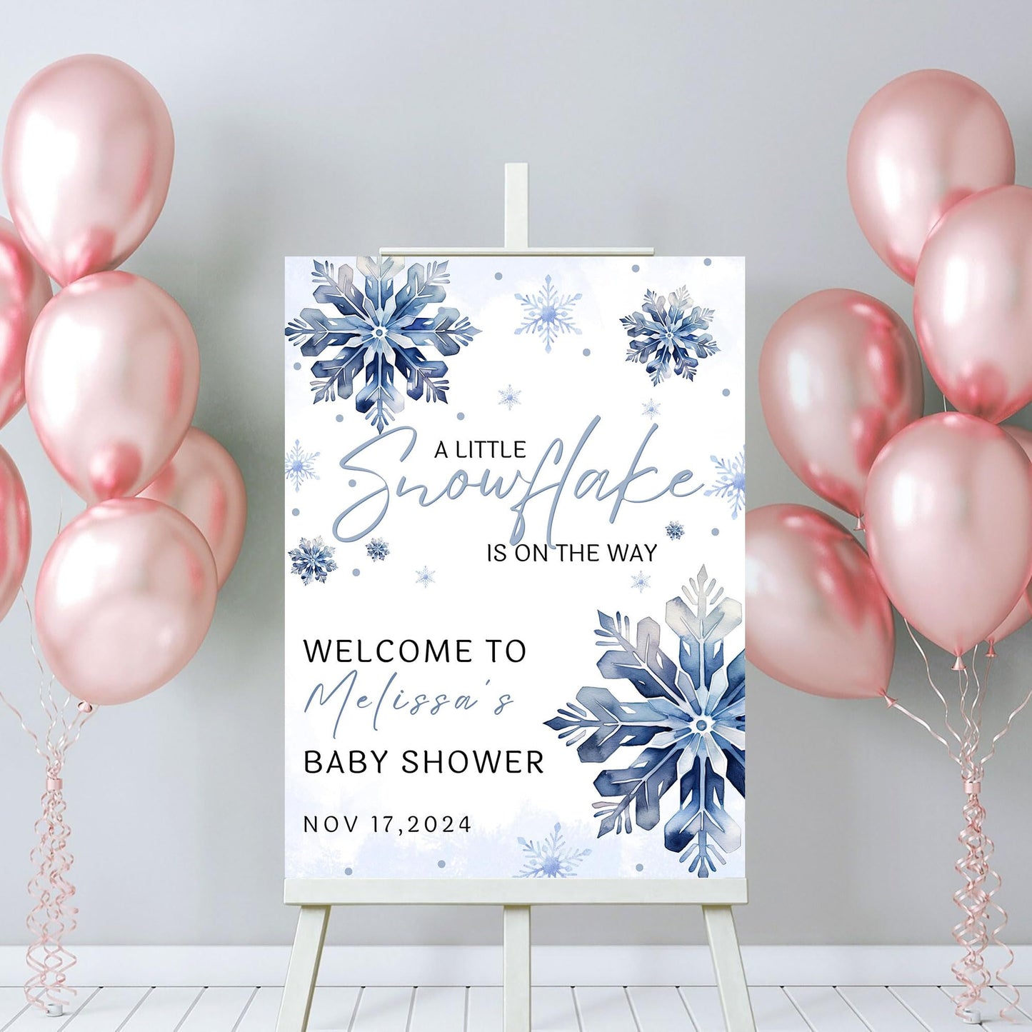 Personalized A Little Snowflake Is On The Way Welcome Sign, Pink, Girl, Winter Baby Shower Canvas