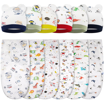 Ramede 6 Pack Baby Swaddle Blanket with Hats Sleep Swaddle for 0-3 Months Newborn Sacks Soft Cotton Wearable for Boy Girl