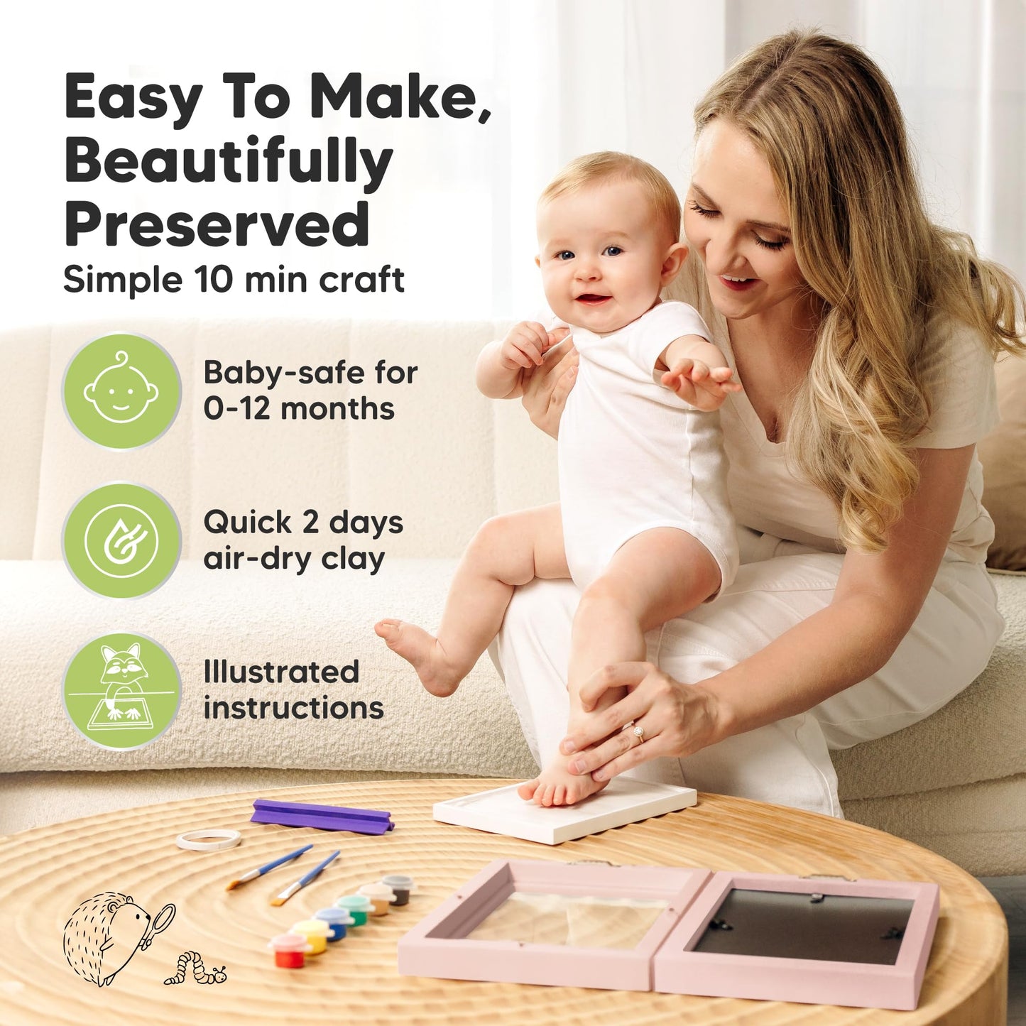 Baby Hand and Footprint Kit, Quick Dry Clay - Newborn Keepsake Feet and Handprint Kit, Nursery Picture Frame, Personalized New Mom Gifts for Baby Showers & Registry, First Mother's Day (Alpine White)