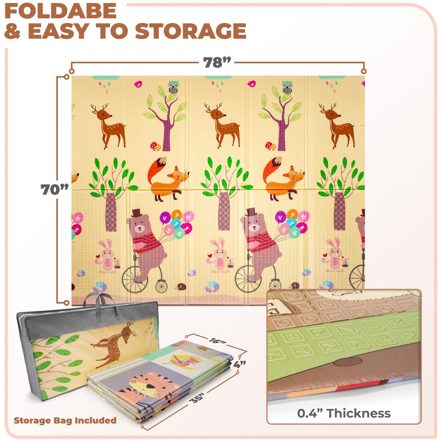 Sorbus Foldable Baby Play Mat, Kids Foam Mats for Floor with Travel Bag - Waterproof Foldable Play Mats for Babies, Infants, Toddlers, and Kids Playtime & Tummy Time 78x70x0.4 (Safari Party)