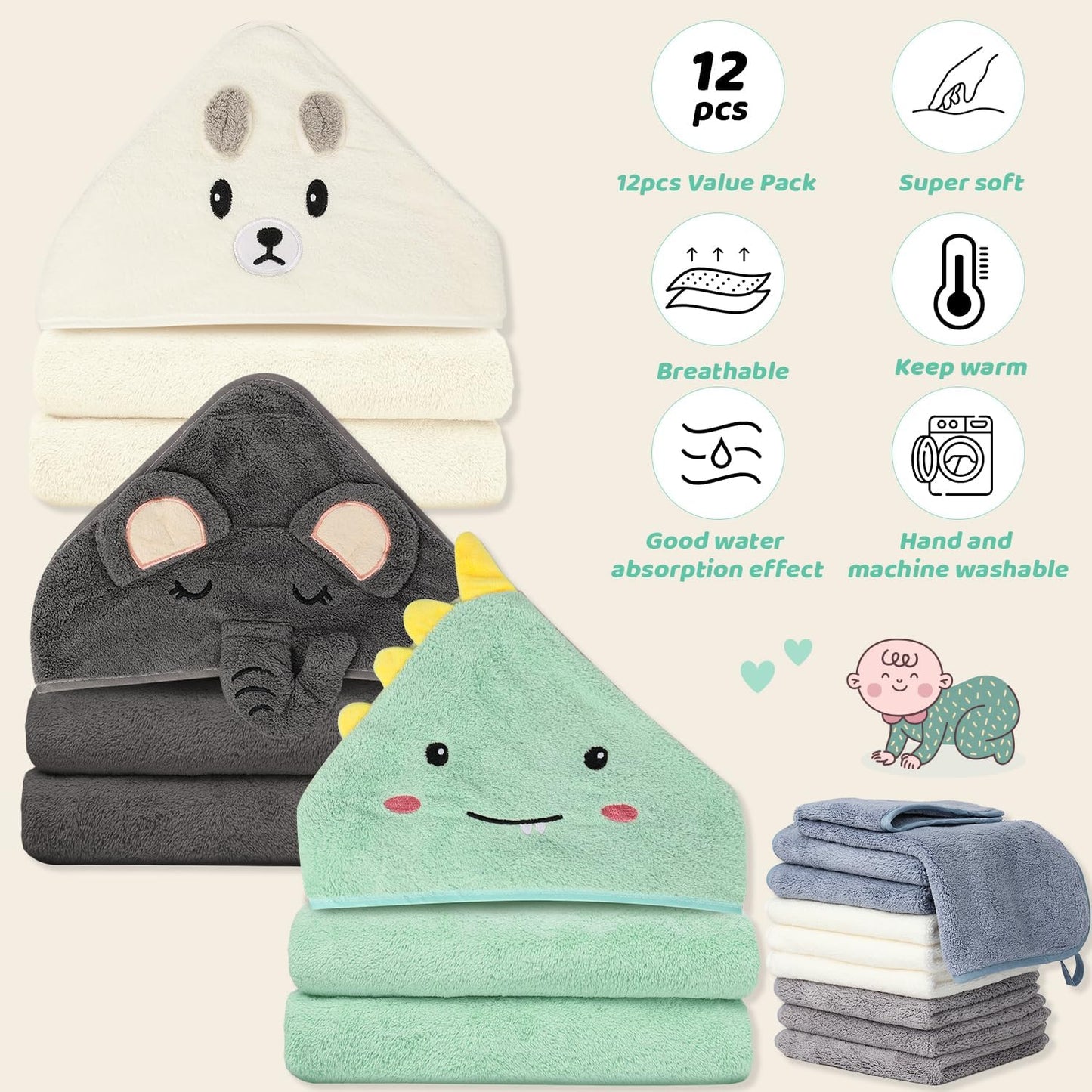31x31 Inch Baby Hooded Towels, 12Pcs Bath Towels for Boys, Washcloth Set with Cute Design, Shower Towel Gift for Newborns, Infants and Toddlers