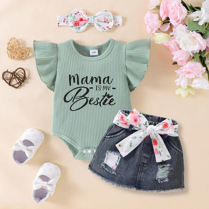 Baby Girl Clothes Newborn Romper Ruffle Sleeve Short Jeans Skirt with Headband Infant Outfits Set 0-18 Months