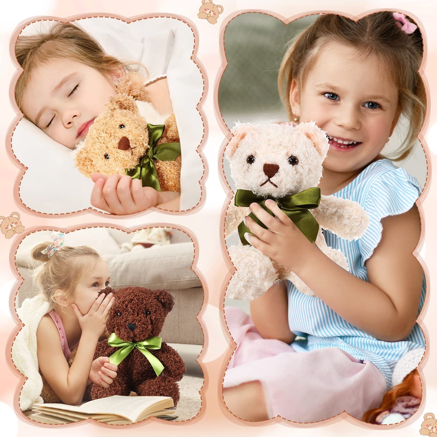 HyDren 6 Pcs Bear Stuffed Animal Plush Toys Soft Plush Dolls Bear Sleeping and Playing Toys for Baby Shower Decoration Boy(Fuzzy Style,Brown)