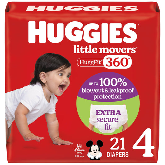Huggies Size 4 Baby Diapers, Little Movers HuggFit 360° Baby Diapers with 360° Waistband, Size 4 (22-37 lbs), 144 Count, Packaging May Vary