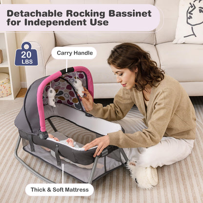 BABY JOY 5 in 1 Pack and Play, Portable Baby Playard w/Bassinet & Diaper Changing Table, Infant Pink Bassinet Crib with Toys & Music & Oxford Bag for Baby Girl Toddlers (Pink + Purple, Starry Sky)