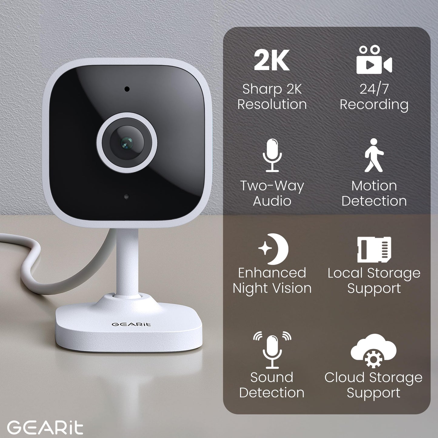 GEARit Baby Monitor with Camera & Audio 2K Video with Motion & Crying Detection, 2 Way Audio Easy WiFi Setup, Remote Monitoring - Easy to Set Crib Monitor with Adjustable Stand
