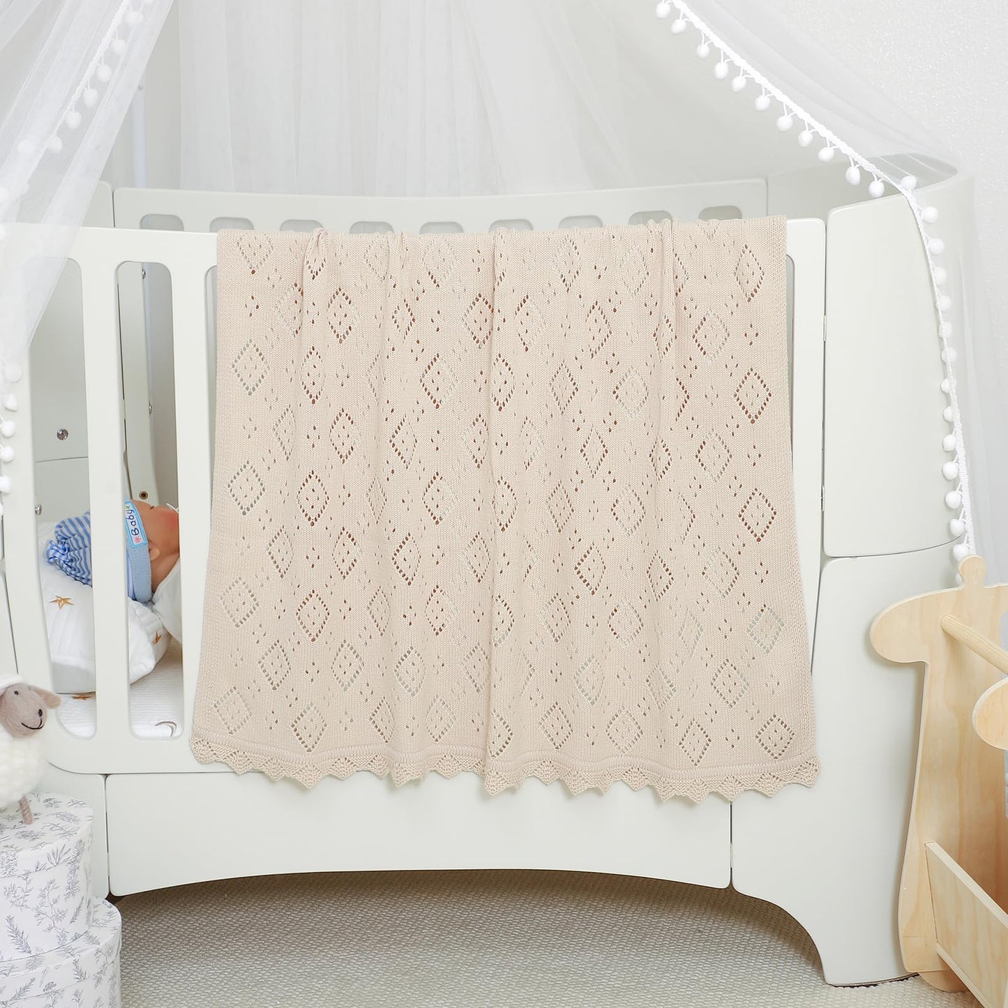 mimixiong Baby Swaddle Blanket 100% Cotton Gender Neutral Pointelle Receiving Blanket for Boys Girls Cuddle Stroller Crib Blanket (Oatmeal)
