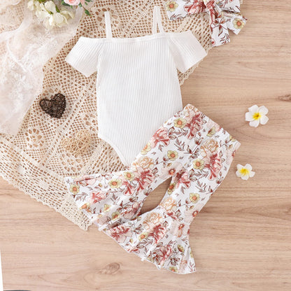 Fernvia Infant Baby Girl Clothes Suspenders Short Sleeve Ribbed Romper Flared Pants Set Headband 3pcs Summer Outfit