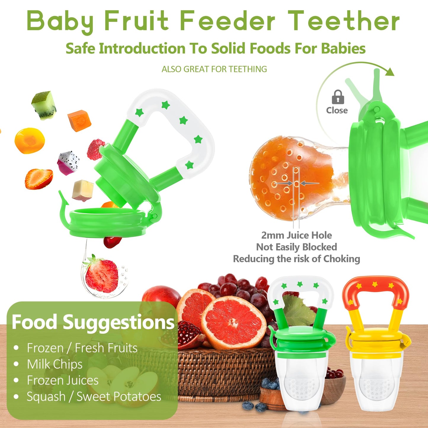 WAJIAYON Baby Fruit Feeder Pacifier | Infant Food Feeder Pacifier & Food Dispensing Spoon | Mesh Fresh Fruit Teethers for Babies | Silicone Feeder Baby Shower Gifts for Boys and Girls (Pink)
