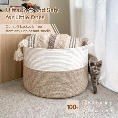 INDRESSME XXXLarge Cotton Rope Basket 21.7" x 21.7" x 13.8" Woven Baby Laundry Blanket Basket Toy Baskets with Handle Storage Comforter Cushions Thread Laundry Hamper