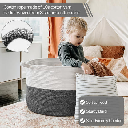 INDRESSME XXXLarge Cotton Rope Basket 21.7" x 21.7" x 13.8" Woven Baby Laundry Blanket Basket Toy Baskets with Handle Storage Comforter Cushions Thread Laundry Hamper