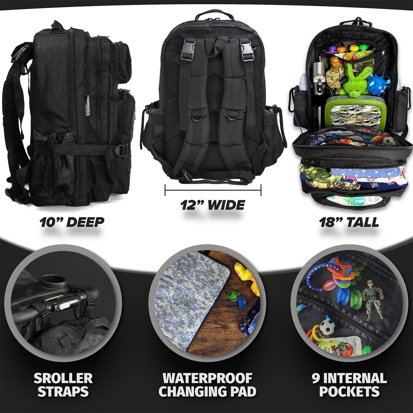 Dad Diaper Bag for Men with Removable Patches, Waterproof Tri-fold Changing Pad, Insulated Pouches, Molle Webbing, YKK Zippers, Black