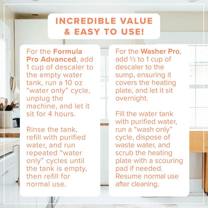 Descaler Compatible with Baby Brezza - 4 to 8 Uses - Descaler for Baby Bottle Dispensers & Washers - 32 oz Universal Cleaning Solution - Safe, All-Natural, Removes Mineral Buildup & Residue