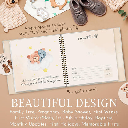 Elegant Design Baby Memory Book for Boy or Girl, Baby 5 Years Journal with Keepsake Sleeve, First Time Mom must have with 24 Baby Milestone Stickers, Scrapbook or Photo Album.