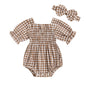 Infant Baby Girls Romper Ruffle Sleeve Pleated Smocked Bubble Plaid One Piece Ruched Jumpsuit Summer Bodysuit