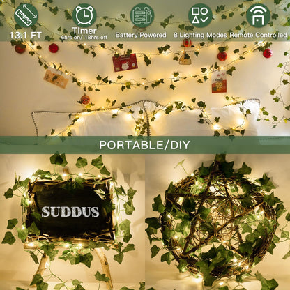 suddus Vine with Fairy Lights Battery Operated, 33ft 100 LED Ivy String Lights with Remote, Leaf Lights for Bedroom, Room, Wall, Garden, Party, Wedding Decor (Warm White)