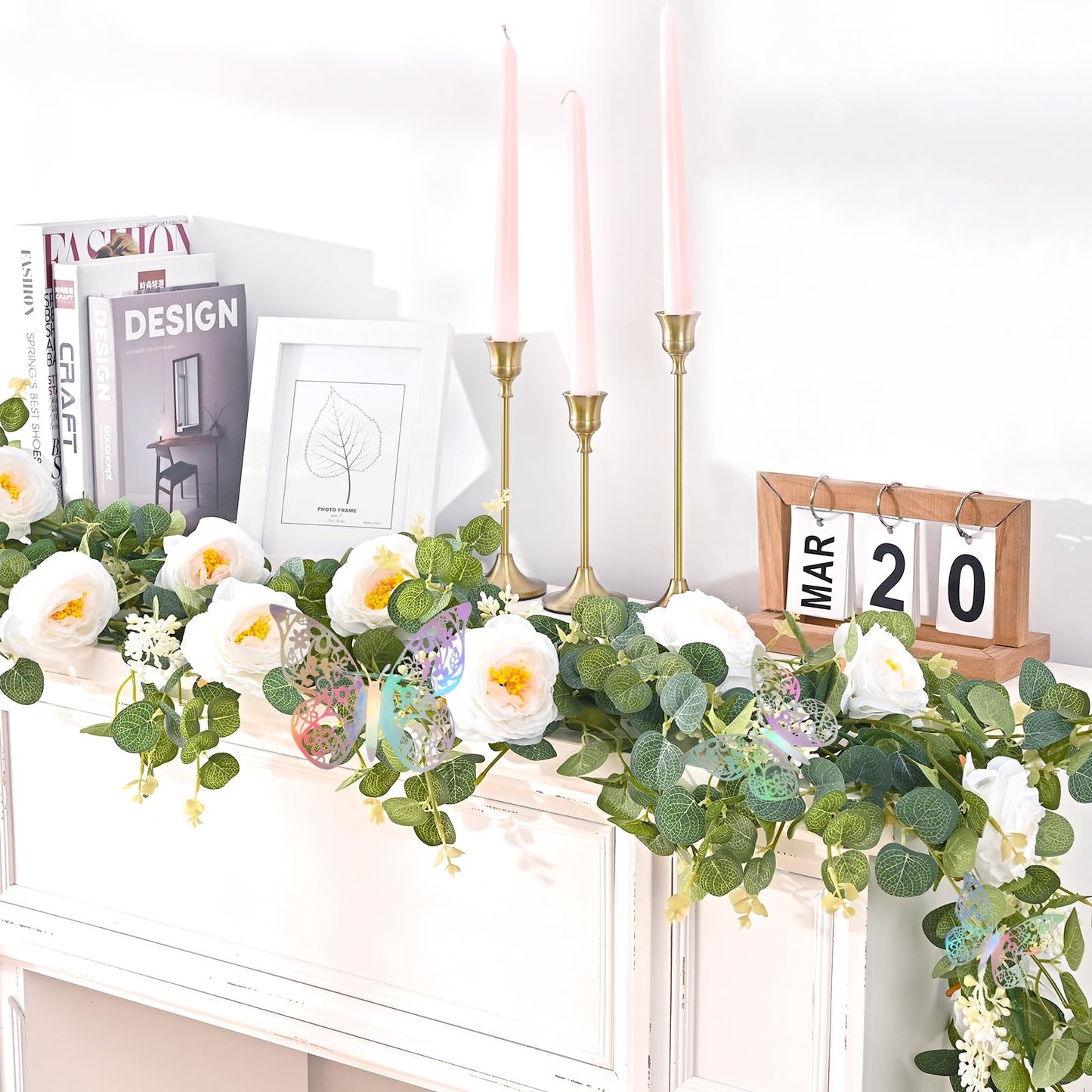Yastouay 6.4 Ft Fuller Artificial Eucalyptus Garland with Champagne Flowers Fake Rose Vine for Table Centerpiece Wedding Baby Shower Party Room Backdrop Decor