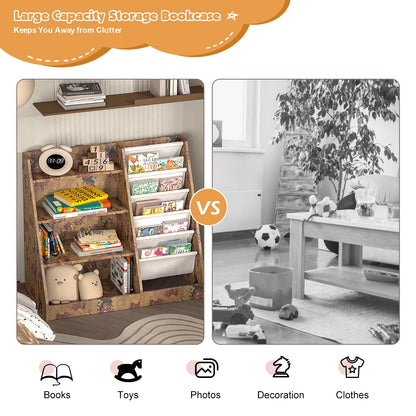 White Kids Bookshelf Wood Toy Storage Organizer Cabinet Children Bookcase Toddler Baby Sling Book Rack 3 Cube Bins Fabric Drawers for Playroom Bedroom Nursery School