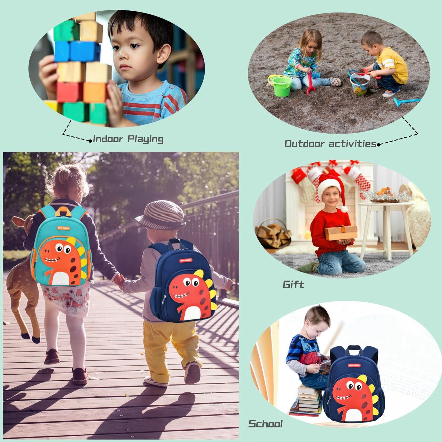 Dinosaur Anti-lost Backpack for Boys Kindergarten Preschool Bookbag with Chest Strap, Toddler Boys Backpack Daycare Bag, B-Green+Orange