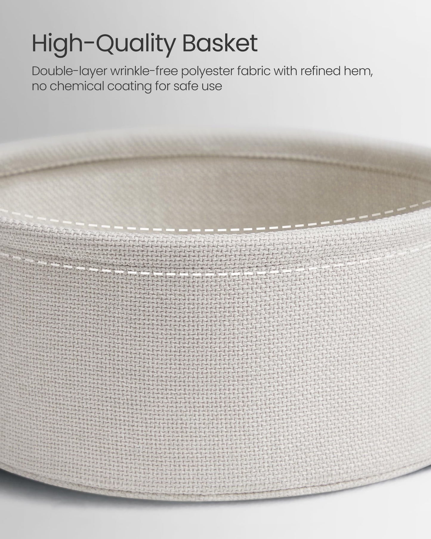 VASAGLE End Table, Small Bedside Table with Fabric Basket, Modern Nightstand, Round Side Table, for Living Room, Bedroom, Matte White and Camel Brown ULET223W10