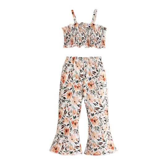 Toddler Baby Girl Boho Outfits Floral Ruffle Rib Sleeveless Halter Tops Bell Bottom 2Pcs Kids Summer Clothes Set