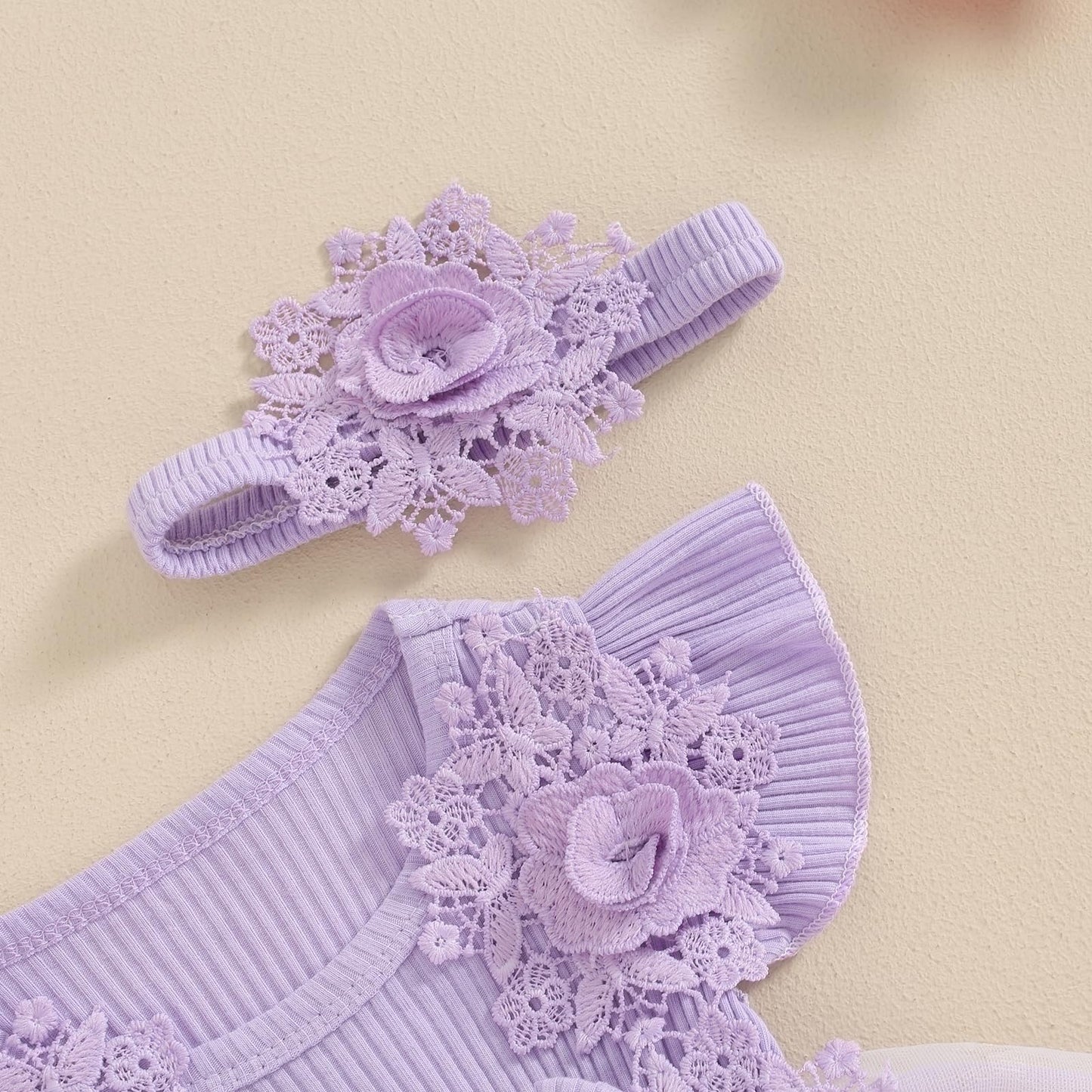 Hnyenmcko Newborn Baby Girl Summer Romper Dress Infant Fly Sleeve Flower Embroidery Mesh Tulle Skirt Hem Ribbed Bodysuit