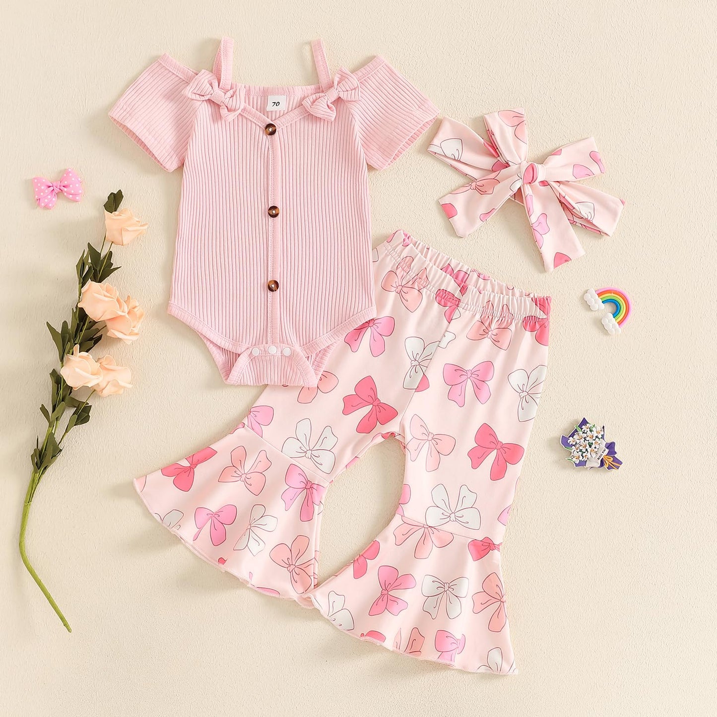 Fernvia Infant Baby Girl Clothes Suspenders Short Sleeve Ribbed Romper Flared Pants Set Headband 3pcs Summer Outfit
