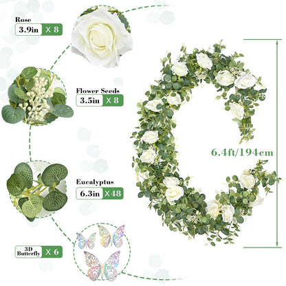 Yastouay 6.4 Ft Fuller Artificial Eucalyptus Garland with Champagne Flowers Fake Rose Vine for Table Centerpiece Wedding Baby Shower Party Room Backdrop Decor
