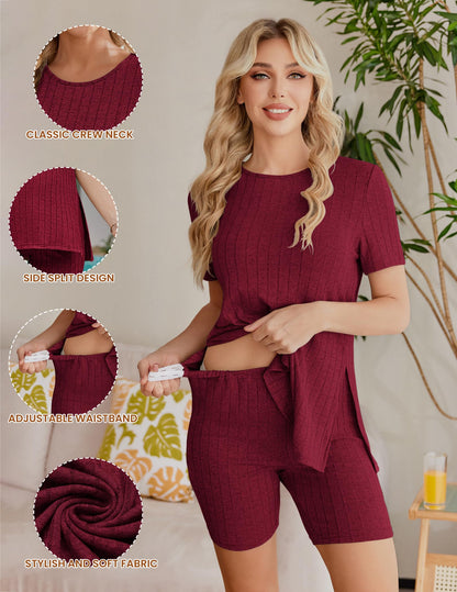 Ekouaer Maternity Sets 2 Piece Outfits Ribbed Knit Short Sleeve Shirts and Biker Shorts Pregnancy Loungewear Mama Clothes